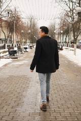 Obraz premium A young man turning around leaves in the city view in the city goes along the avenue. hipster man in winter city