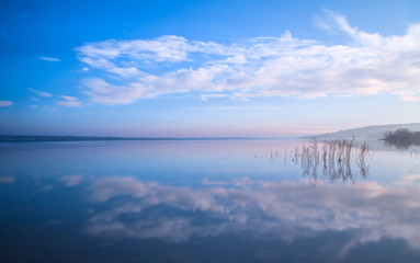 blue sky and clouds reflection in the lake stil water