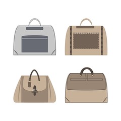 Set of stylish womens handbags - tote, shopper, hobo, bucket, satchel and pouch bags. Trendy leather accessories of different types isolated on white background. Colorful vector illustration.