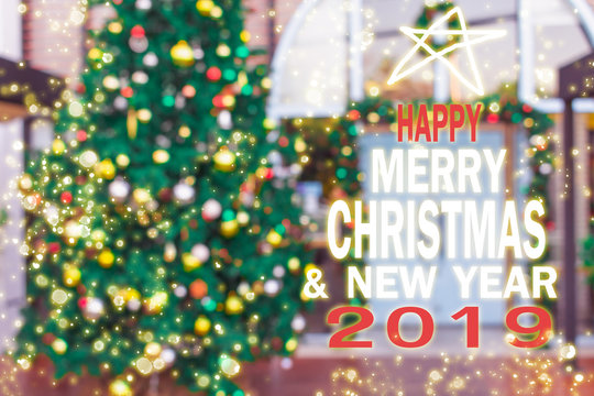 christmas tree, new year, 2019, gift, happy, santa, count down, box, Chistmas tree blurred background with gift box for merry christmas and happy new year 2019 image