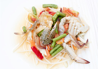 somtum or green papaya salad, is a spicy salad made from papaya other ingredients are tomato, fresh shrimp, lime, 