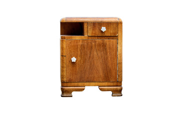 Old bedside table in mid-century style isolated on white background. Bedroom furniture