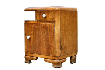 Old bedside table in mid-century style isolated on white background. Bedroom furniture