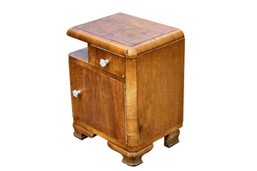 Old bedside table in mid-century style isolated on white background. Bedroom furniture