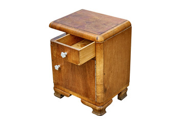 Old bedside table in mid-century style isolated on white background. Bedroom furniture
