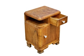 Old bedside table in mid-century style isolated on white background. Bedroom furniture