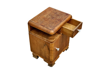 Old bedside table in mid-century style isolated on white background. Bedroom furniture