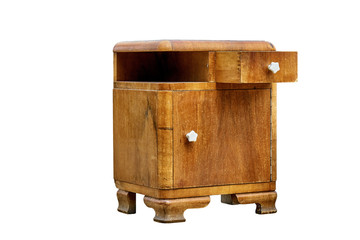 Old bedside table in mid-century style isolated on white background. Bedroom furniture