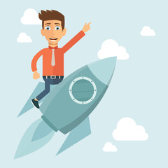 Business start up. Businessman riding  rocket metaphor. Flat vector illustration 