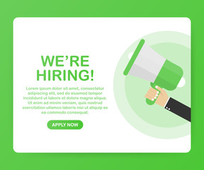 We're Hiring web banner. Megaphone With We are Hiring Speech on green background. Vector illustration.