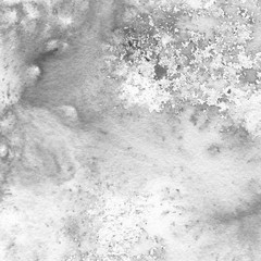 White and gray watercolor texture with abstract washes and brush strokes on white paper background. Trendy look. Chaotic abstract organic design.