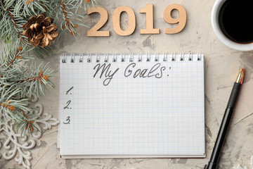 Fototapeta na wymiar goal 2019. text in notebook with new year decor and christmas tree branches on a light background.