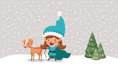 cute girl santa helper with reindeer in snowscape