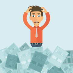 Businessman with pile of paper, business concept. Worried businessman. Deadline concept. Flat vector illustration.