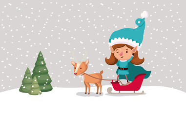 cute girl santa helper with sled and reindeer