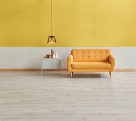 Modern yellow room, yellow sofa wooden lamp and grey cabinet style.