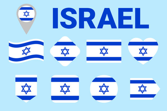 Israel flag vector set. Geometric shapes. Flat style. Israeli natioanl symbols collection. Web, sports pages, national, travel, geographic, patriotic, design elements. isolated icons with state name.