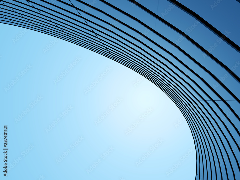 Poster 3d stimulate of high rise curve glass building and dark steel window system on blue clear sky backgr