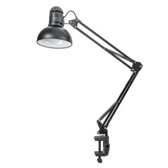 Black table lamp in a classic style on the clamp. Isolated object on white background