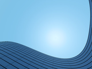 3D stimulate of high rise curve glass building and dark steel window system on blue clear sky...
