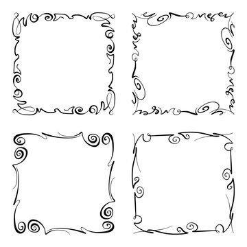 Flourish, Squiggly Vector Frame. Rectangle With Squiggles, Twirls And Embellishments For Image And Text Elements. Hand Drawn Black Highlighting Curlicue Border Isolated On The White Background. Doodle