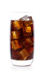 Cola in glass with ice cubes on white background