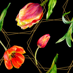 Amazing red tulip flower with green leaf. Watercolor seamless background pattern. Fabric wallpaper print texture.