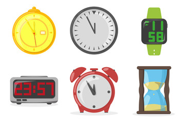 Set clocks on a white background, vector illustration