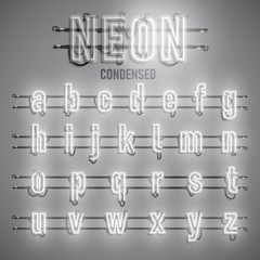 Realistic neon font with wires and console, vector illustration