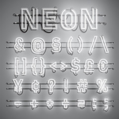 Realistic neon font with wires and console, vector illustration