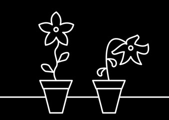 Deux fleurs en pot l'une est en bonne santé, l'autre va mourir