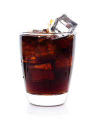 Cola in glass with ice cubes on white background