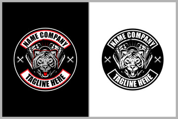 aggressive tiger with V-twin motorcycle engine vector stamp or round logo template