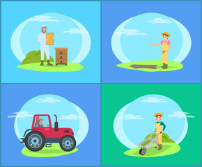 Beekeeper on Land and Tractor Vector Illustration