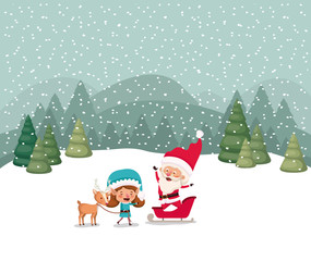 Obraz na płótnie Canvas santa claus and girl helper with sled and reindeer