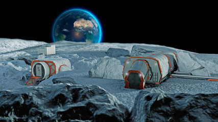 Base lunare, avamposto spaziale. Primo insediamento sulla luna. Missioni spaziali. Moduli abitativi per la conquista dello spazio. 3d rendering. La terra vista dalla luna © Naeblys