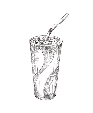 Hand drawn cola paper cup vector monochrome sketch