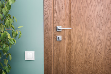 Naklejka premium Close - up elements of the interior of a beautiful apartment. Steel door handle and dark wood