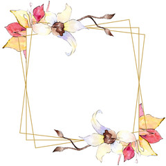 Yellow and white orchid flower. Watercolor background. Golden polygonal frame. Geometric polyhedron crystal shape.