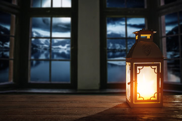 Winter lamp on table and free space 