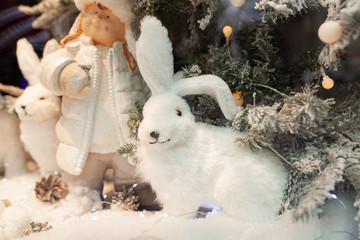 Christmas rabbit, decorations and New Year's toys
