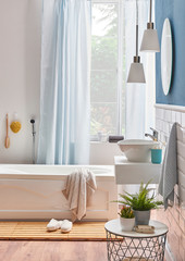 Decorative bath room, white tub in the bath and sink concept.