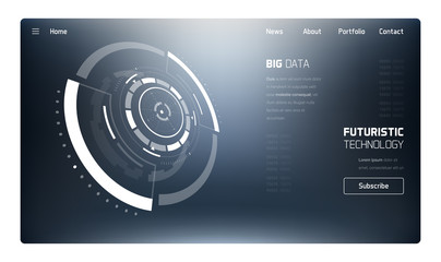 3D Futuristic Technology Minimalistic Website Template. Landing Page, Big Data, Virtual Reality, Artificial Intelligence, Hologram Screen, Science Fiction, Security System. Vector EPS 10 Illustration