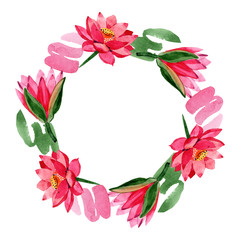 Red lotus flower. Watercolor background illustration set. Frame ornament wreath. Hand drawn in aquarell.