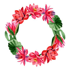 Red lotus flower. Watercolor background illustration set. Frame ornament wreath. Hand drawn in aquarell.