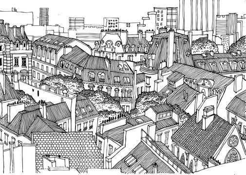 Roofs of Paris from above. Black and white linear graphics, perfect for background in the publication, posters, banners.