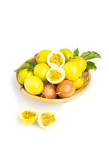 Fresh passion fruit in basker on white background.