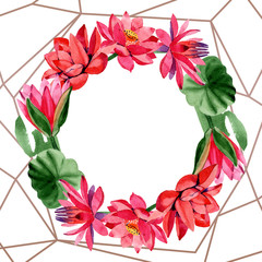 Red lotus flower. Watercolor background illustration set. Frame wreath. Hand drawn in aquarell. Crystal shape.