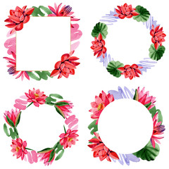 Red lotus flower. Watercolor background illustration set. Frame wreath, round and square. Hand drawn in aquarell.