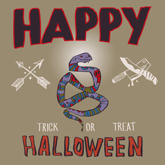 Rattlesnake, knives and arrows. Color vector illustration for Halloween decoration, postcard, flyer, t-shirt, poster.